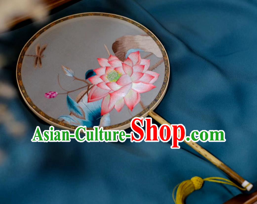 China Suzhou Embroidered Lotus Double Side Fan Traditional Song Dynasty Silk Fans Handmade Hanfu Circular Fan Classical Palace Fan