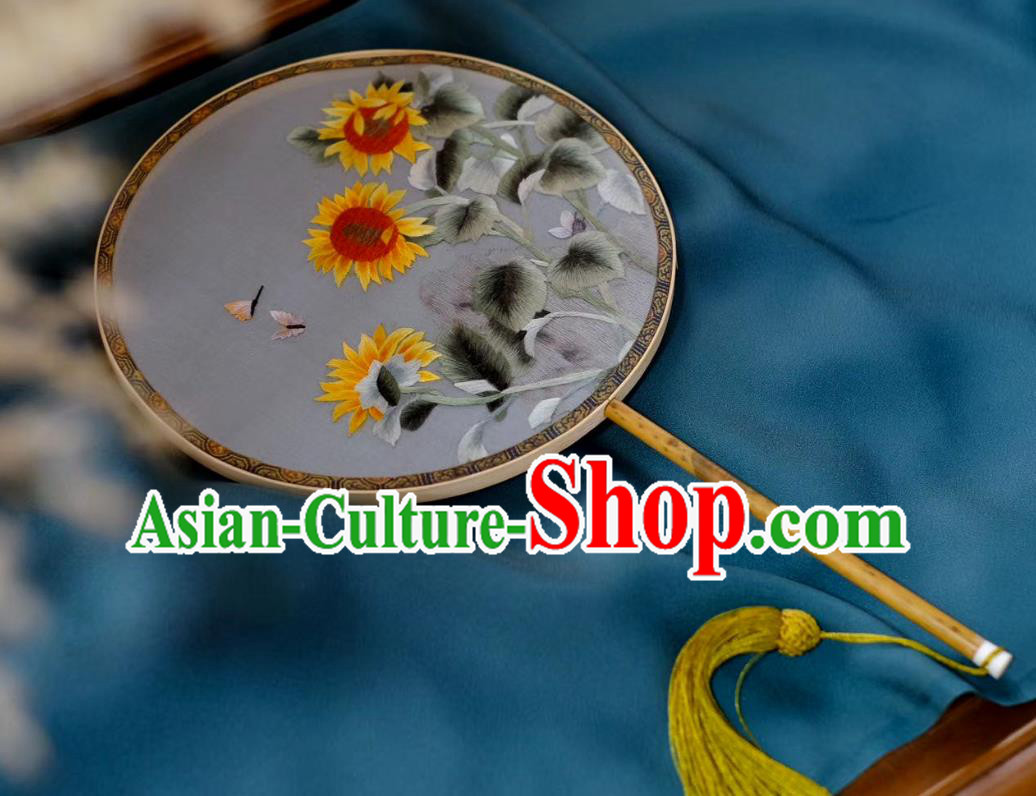 China Classical Palace Fan Suzhou Embroidered Sunflowers Double Side Fan Traditional Song Dynasty Silk Fans Handmade Hanfu Circular Fan