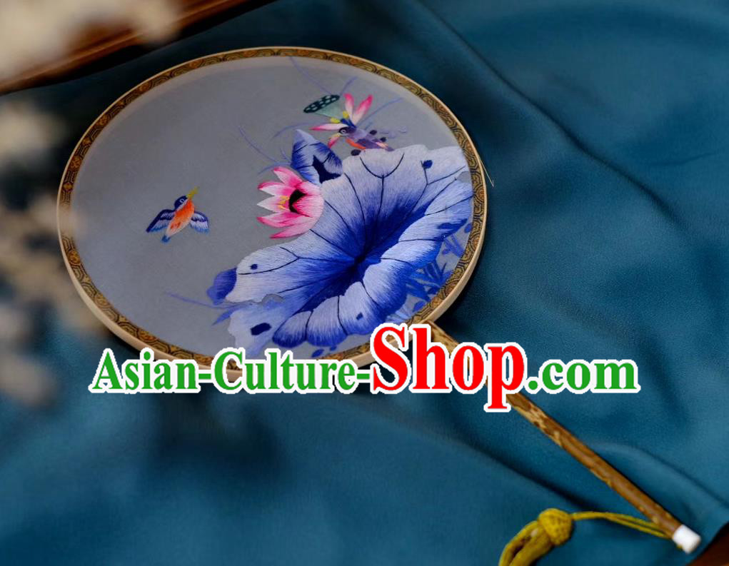 China Handmade Hanfu Circular Fan Classical Palace Fan Double Side Suzhou Embroidered Lotus Fan Traditional Song Dynasty Silk Fans