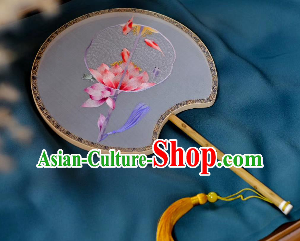 China Traditional Song Dynasty Princess Fans Handmade Hanfu Silk Fan Classical Palace Fan Double Side Suzhou Embroidered Lotus Fan