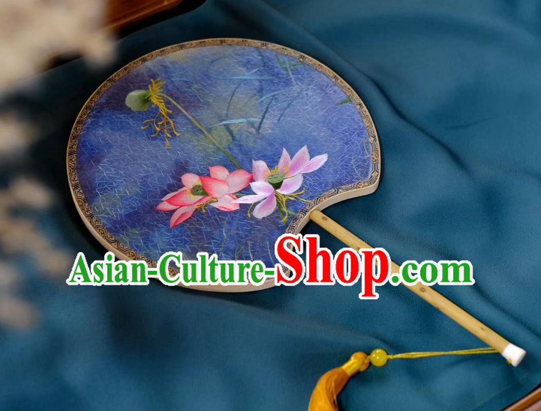 China Classical Palace Fan Double Side Suzhou Embroidered Lotus Fan Traditional Song Dynasty Princess Fans Handmade Hanfu Blue Silk Fan