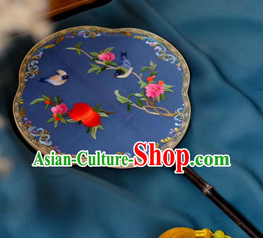 China Classical Palace Fan Double Side Suzhou Embroidered Peach Flowers Fan Handmade Song Dynasty Princess Fans Traditional Hanfu Blue Silk Fan