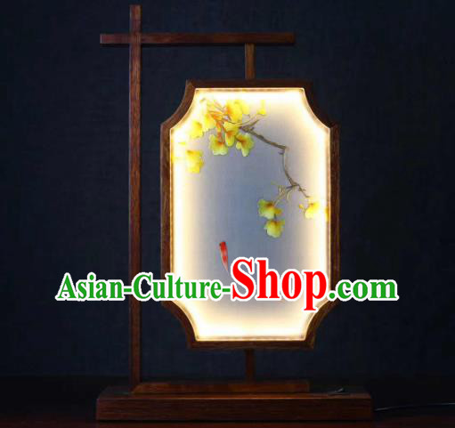 Chinese Handmade LED Lantern Embroidered Ginkgo Leaf Table Screen Suzhou Embroidery Desk Lamp