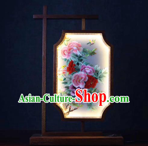Chinese Suzhou Embroidery Desk Lamp Handmade LED Lantern Embroidered Peony Flowers Table Screen
