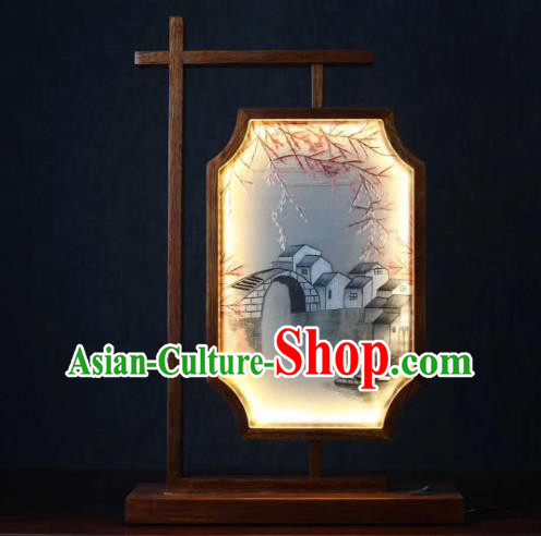 Chinese Embroidered Watertown Table Screen Suzhou Embroidery Desk Lamp Handmade LED Lantern Craft