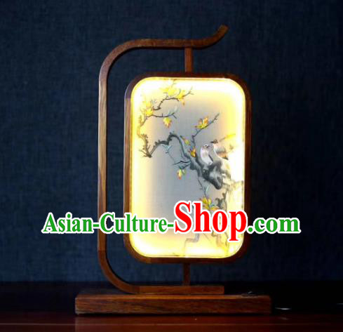 Chinese LED Lantern Embroidered Birds Table Screen Suzhou Embroidery Craft Handmade Desk Lamp