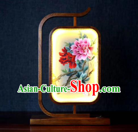 Chinese Suzhou Embroidery Craft Handmade Desk Lamp LED Lantern Embroidered Peony Table Screen