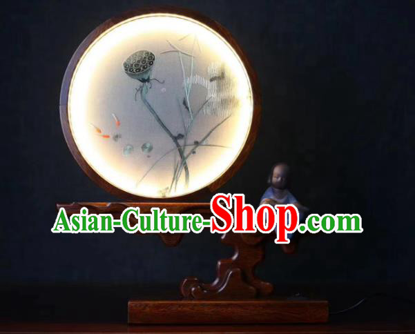 Chinese Desk Lamp Handmade LED Lantern Embroidered Lotus Table Screen Suzhou Embroidery Craft