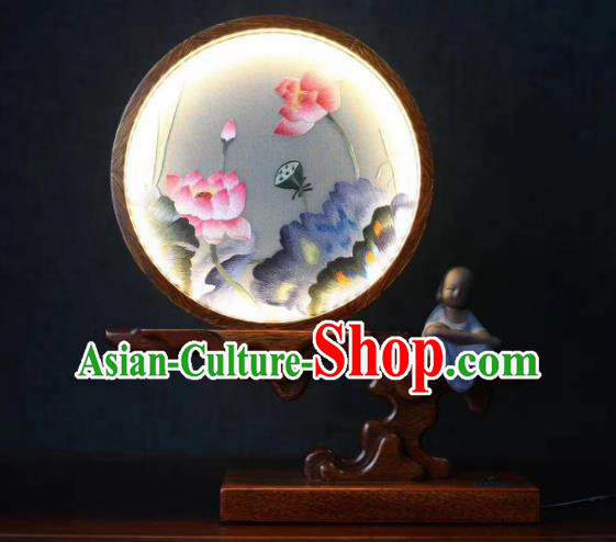 Chinese Embroidered Lotus Table Screen Suzhou Embroidery Craft Desk Lantern Handmade LED Lamp