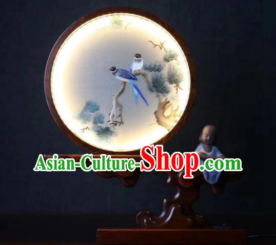 Chinese Desk Lantern Handmade LED Lamp Embroidered Pine Table Screen Suzhou Double Side Embroidery Craft