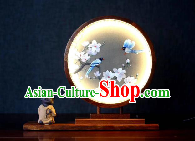 Chinese Embroidered Mangnolia Table Screen Suzhou Double Side Embroidery Craft Desk Lantern Handmade LED Lamp