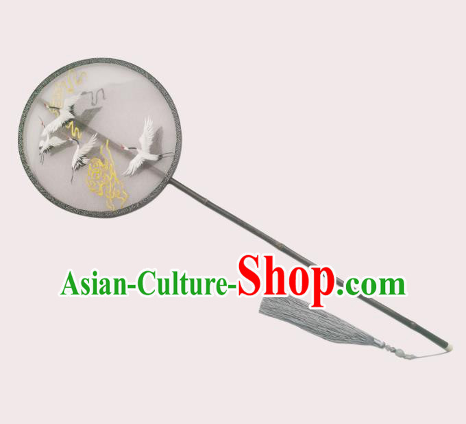 China Embroidered Cranes Palace Fan Handmade Double Side Silk Fan Classical Circular Fans Traditional Hanfu Fan