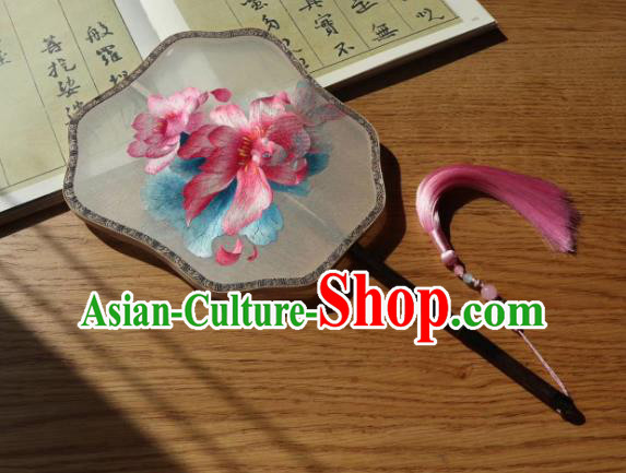 China Handmade Double Side Silk Fan Classical Dance Fans Traditional Hanfu Fan Embroidered Lotus Palace Fan