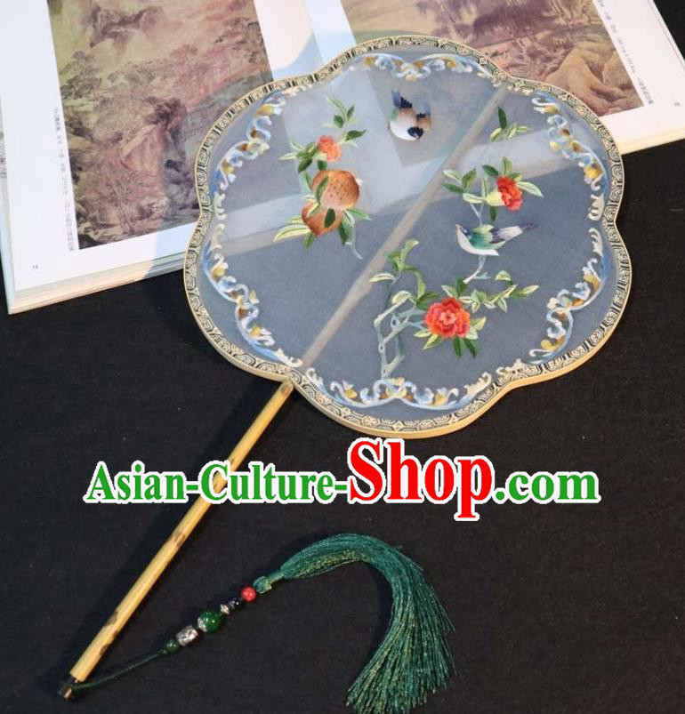 China Classical Dance Fans Traditional Ming Dynasty Hanfu Fan Embroidered Peach Palace Fan Handmade Double Side Blue Silk Fan