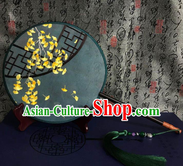 China Handmade Double Side Fan Classical Dance Circular Fans Traditional Hanfu Green Silk Fan Suzhou Embroidered Ginkgo Leaf Palace Fan