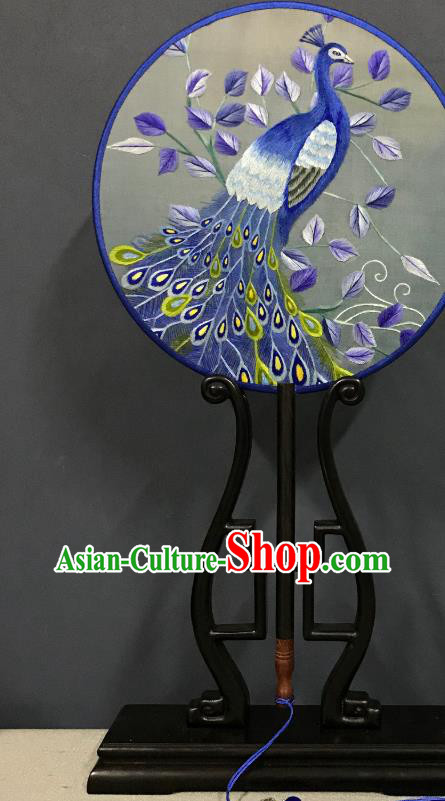 China Handmade Double Side Fan Classical Dance Circular Fans Traditional Hanfu Silk Fan Suzhou Embroidered Blue Peacock Palace Fan