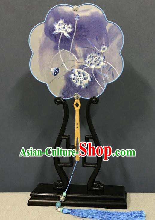 China Suzhou Embroidered Purple Lotus Palace Fan Handmade Double Side Fan Classical Dance Fans Traditional Hanfu Silk Fan