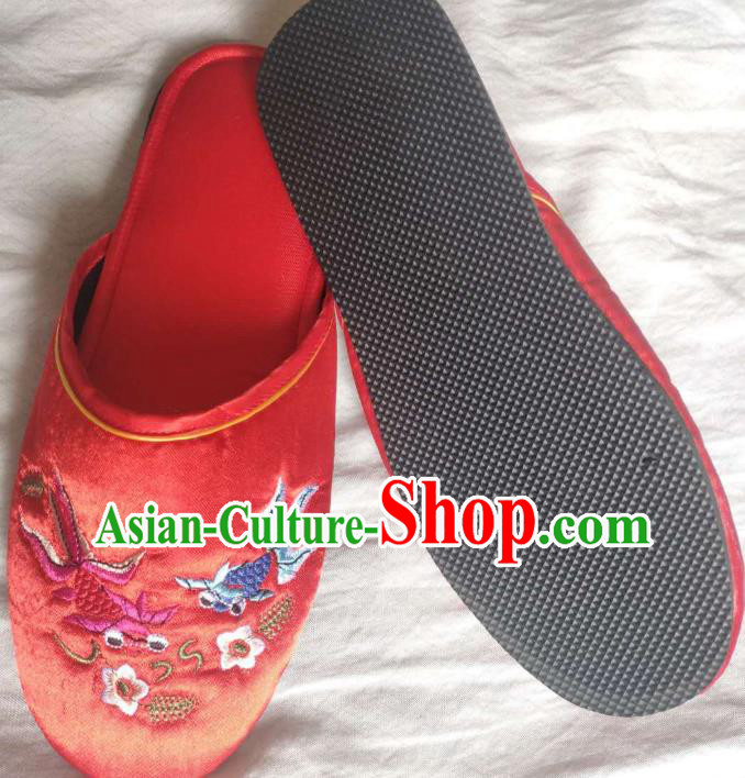 Chinese Wedding Bride Shoes Handmade Red Satin Shoes Embroidery Goldfish Slippers