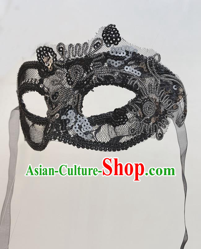 Halloween Stage Performance Deluxe Headpiece Cosplay Party Lace Mask Handmade Black Sequins Face Mask