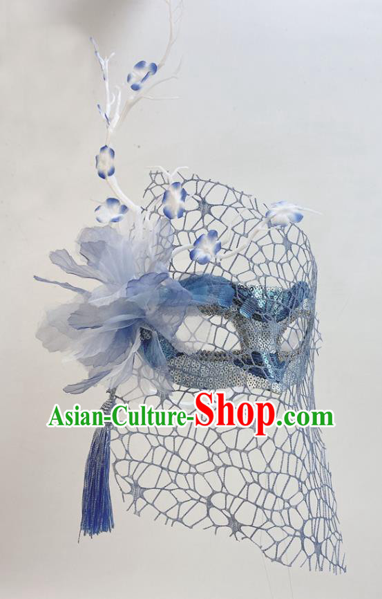 Handmade Cosplay Party Branch Mask Blue Silk Flower Face Mask Halloween Stage Performance Deluxe Headpiece
