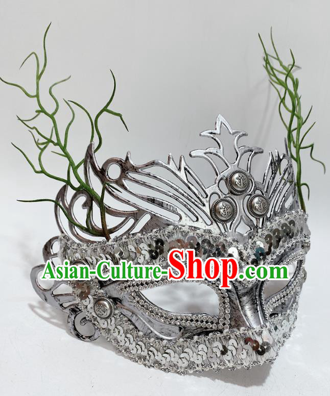 Professional Stage Performance Face Mask Rio Carnival Headwear Halloween Party Cosplay Argent Sequins Mask