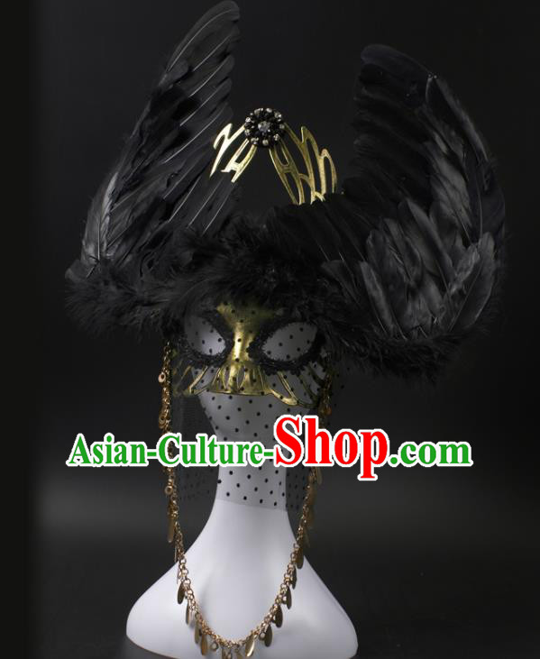 Professional Rio Carnival Headwear Cosplay Wings Mask Party Performance Black Feather Face Mask