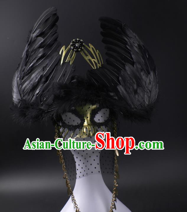 Professional Rio Carnival Headwear Cosplay Wings Mask Party Performance Black Feather Face Mask