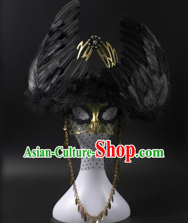 Professional Rio Carnival Headwear Cosplay Wings Mask Party Performance Black Feather Face Mask