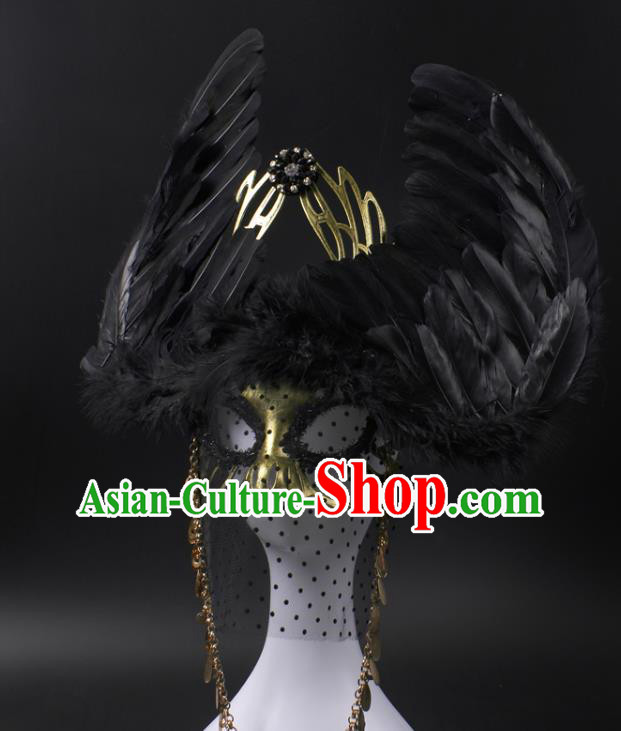 Professional Rio Carnival Headwear Cosplay Wings Mask Party Performance Black Feather Face Mask