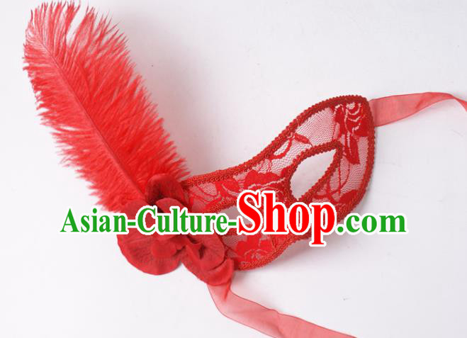 Halloween Stage Performance Headpiece Cosplay Party Deluxe Lace Mask Handmade Red Feather Face Mask