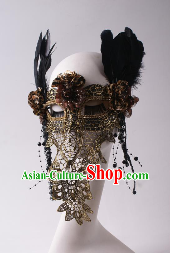 Handmade Deluxe Black Feather Face Mask Halloween Stage Performance Blinder Headpiece Cosplay Party Veil Mask