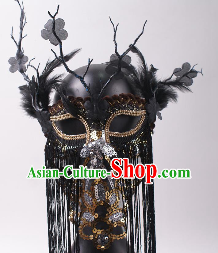 Halloween Stage Performance Feather Headpiece Cosplay Party Sequins Mask Handmade Deluxe Black Tassel Face Mask