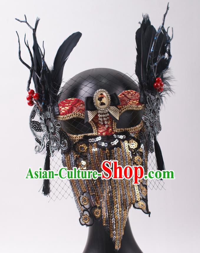 Cosplay Party Sequins Mask Handmade Deluxe Branch Face Mask Halloween Stage Performance Black Feather Headpiece