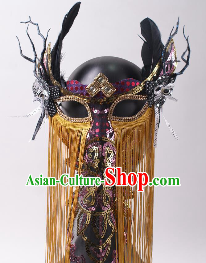 Halloween Handmade Yellow Tassel Face Mask Stage Performance Headpiece Cosplay Party Black Feather Mask