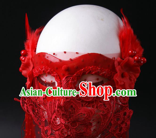Handmade Stage Performance Blinder Headpiece Halloween Cosplay Party Lace Mask Carnival Red Feather Face Mask