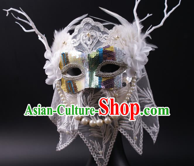 Handmade Halloween Cosplay Party White Pearls Lace Mask Carnival Feather Face Mask Stage Performance Blinder Headpiece