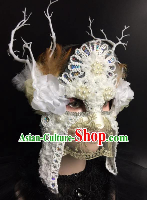 Handmade Carnival Flower Branch Full Face Mask Stage Performance Blinder Headpiece Halloween Cosplay Party Pearls Lace Mask