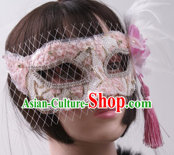Handmade Deluxe White Feather Face Mask Halloween Stage Performance Blinder Headpiece Cosplay Party Pink Mask