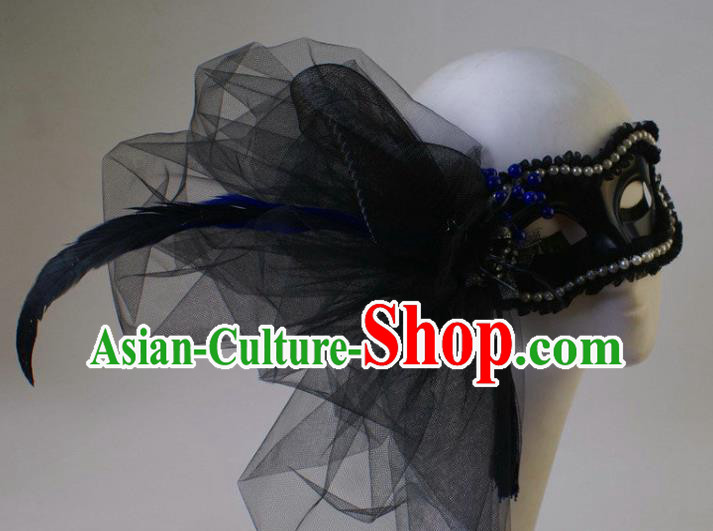 Handmade Carnival Pearls Face Mask Stage Performance Blinder Headpiece Halloween Cosplay Party Black Feather Veil Mask