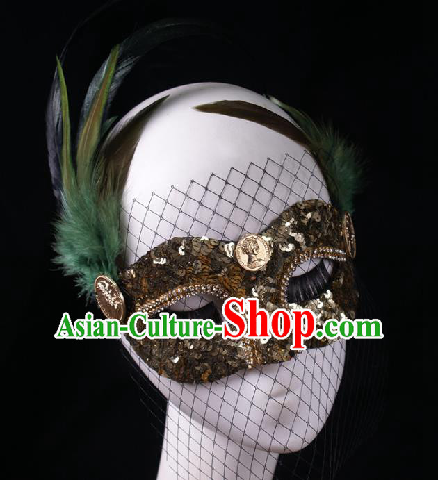 Handmade Stage Performance Blinder Headpiece Halloween Cosplay Party Golden Sequins Mask Carnival Green Feather Face Mask
