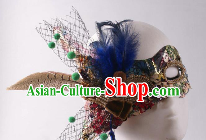 Handmade Halloween Cosplay Party Sequins Mask Carnival Feather Face Mask Stage Performance Blinder Headpiece