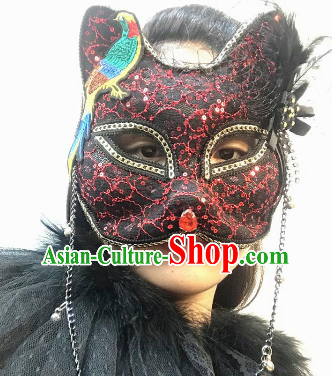 Handmade Stage Performance Headpiece Halloween Cosplay Party Black Lace Cat Mask Carnival Embroidered Bird Face Mask