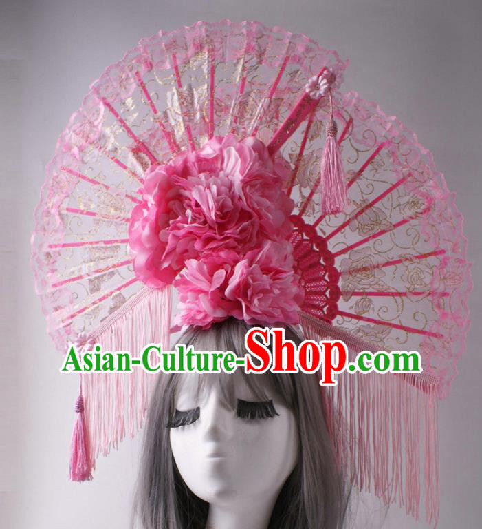 China Traditional Wedding Giant Hair Accessories Stage Show Lace Fan Headdress Catwalks Pink Peony Tassel Hair Crown