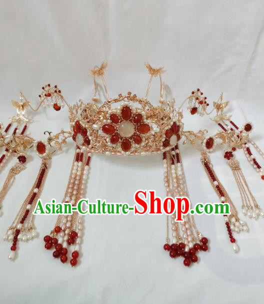 China Ancient Bride Phoenix Coronet Ming Dynasty Princess Golden Hair Crown Traditional Wedding Hanfu Hair Accessories