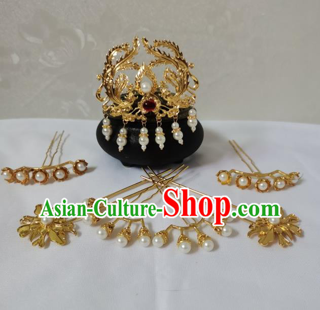 China Traditional Hanfu Hair Accessories Ancient Queen Golden Phoenix Hair Crown Tang Dynasty Empress Hairpin Full Set