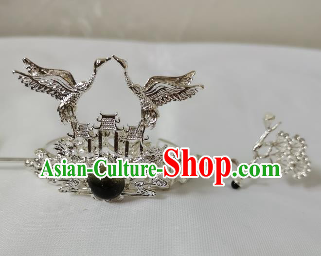 Chinese Traditional Tang Dynasty Scholar Argent Crane Hair Crown and Hairpin Ancient Prince Headwear