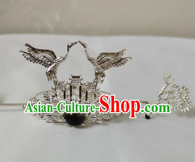 Chinese Traditional Tang Dynasty Scholar Argent Crane Hair Crown and Hairpin Ancient Prince Headwear