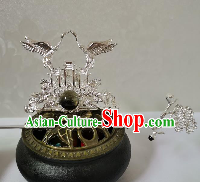 Chinese Traditional Tang Dynasty Scholar Argent Crane Hair Crown and Hairpin Ancient Prince Headwear