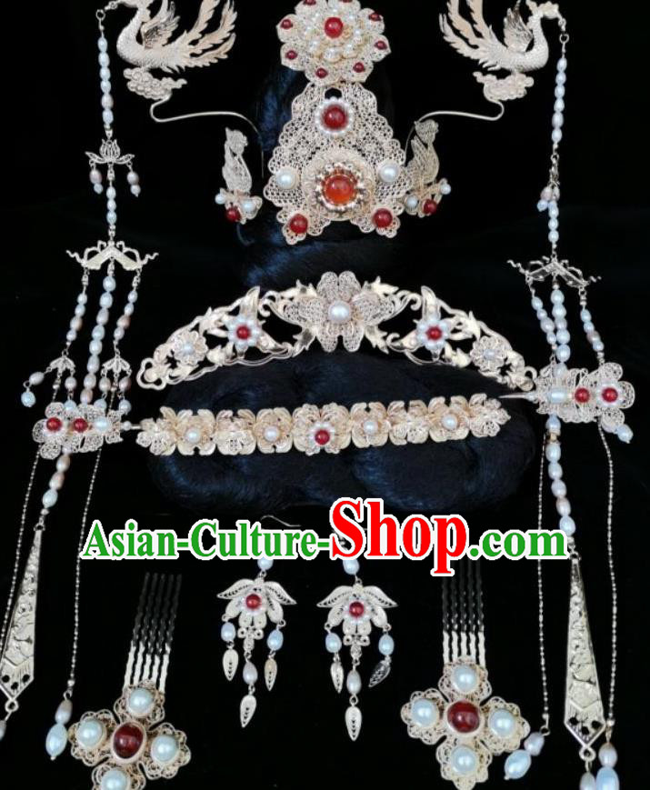 China Traditional Hanfu Pearls Hair Accessories Ancient Empress Hair Crown Ming Dynasty Phoenix Tassel Hairpins Complete Set