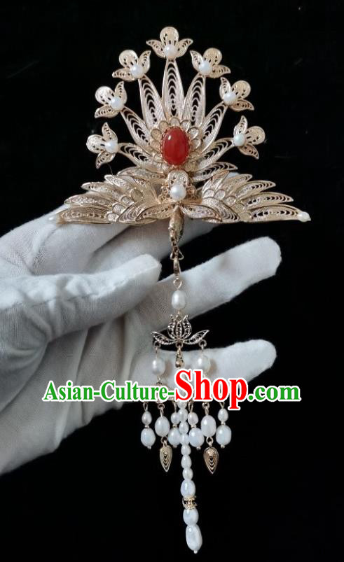 China Traditional Hanfu Tassel Hairpin Ancient Court Woman Hair Accessories Ming Dynasty Empress Golden Phoenix Hair Crown